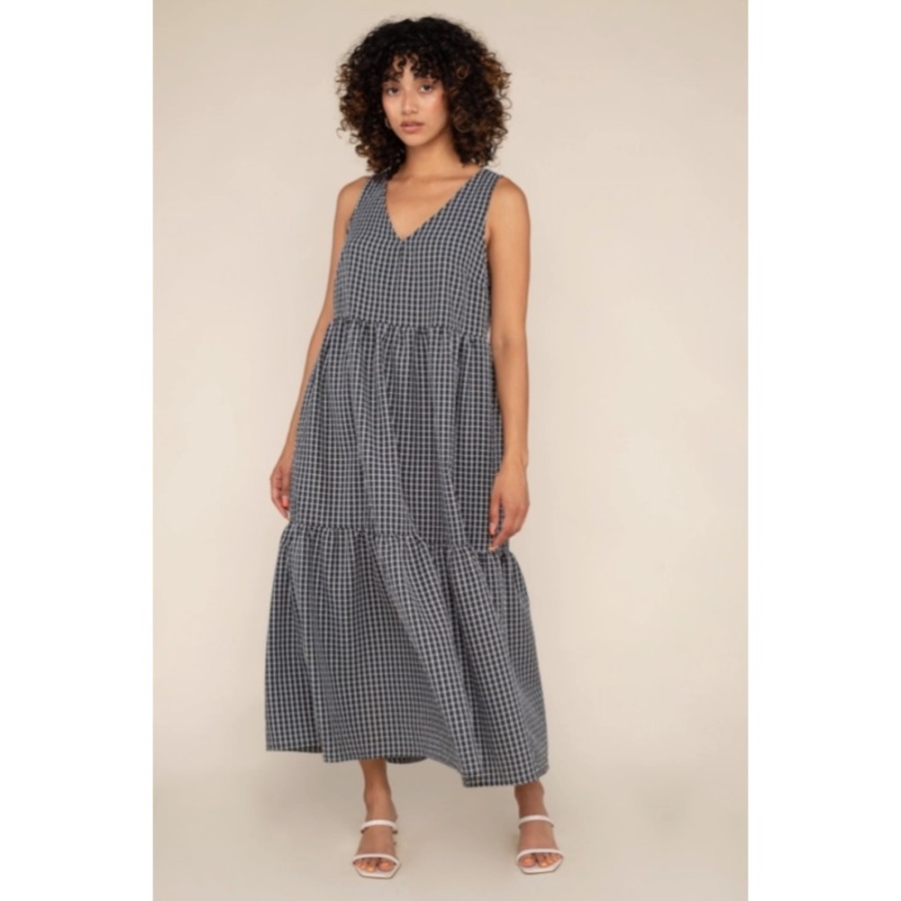 NLT Pepper Black White Gingham Seersucker Tiered Maxi Dress Sleeveless Small